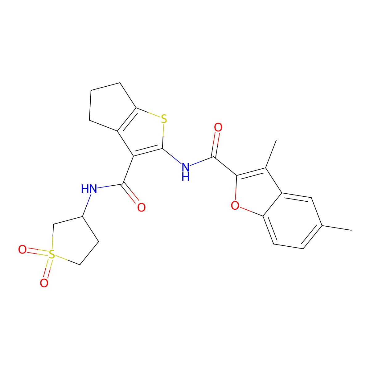 N-{3-[(1,1-dioxidotetrahydrothiophen-3-yl)carbamoyl]-5,6-dihydro-4H-cyclopenta[b]thiophen-2-yl}-3,5-dimethyl-1-benzofuran-2-carboxamide molecular structure, CAS 622347-96-0