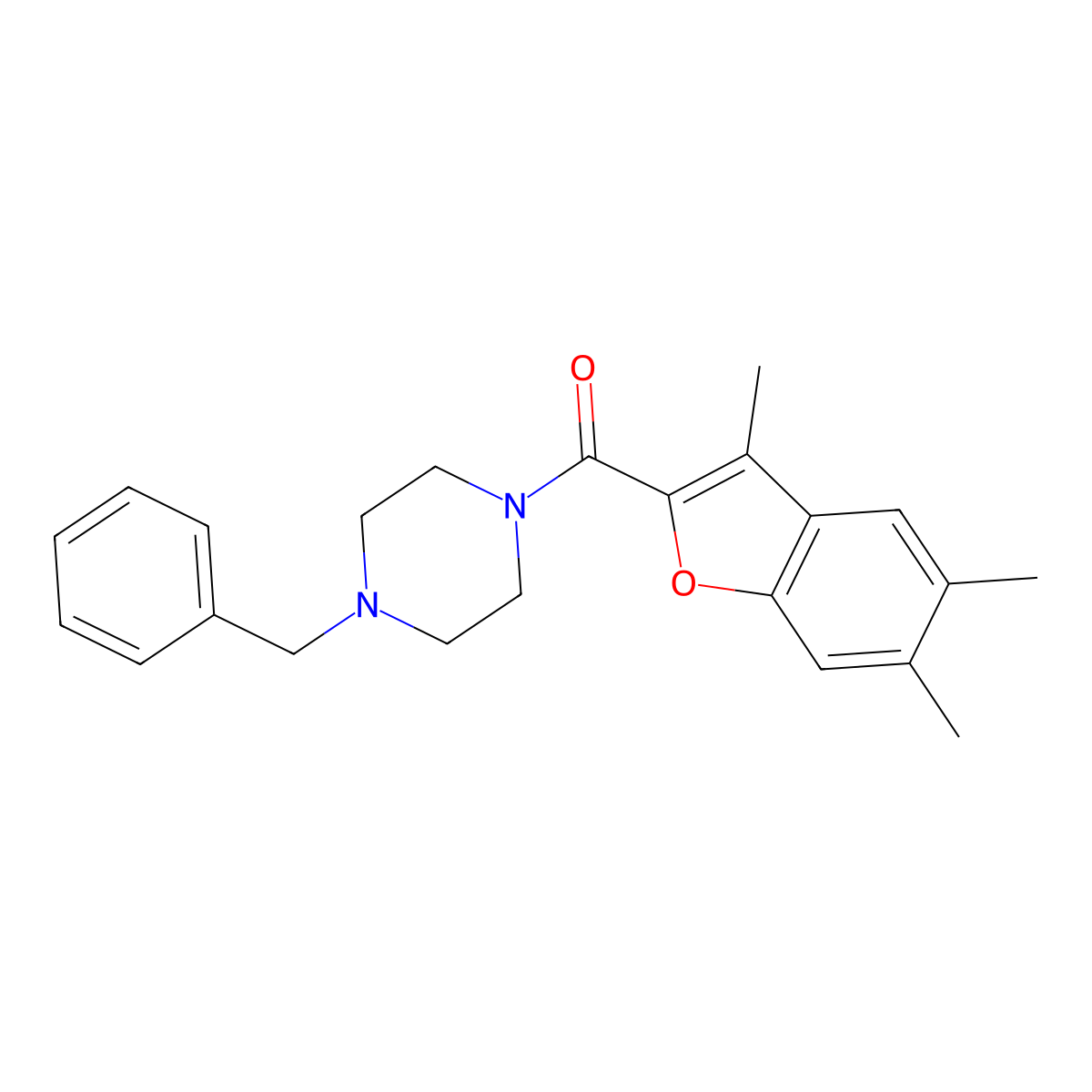 (4-Benzylpiperazin-1-yl)(3,5,6-trimethyl-1-benzofuran-2-yl)methanone molecular structure, CAS 622349-40-0