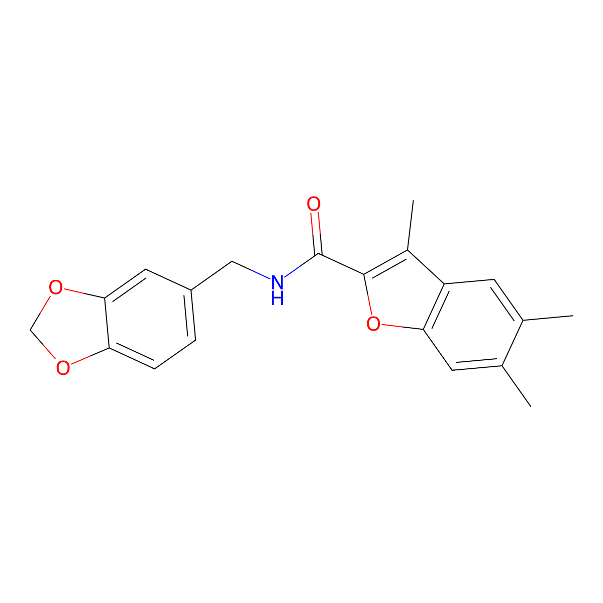 N-(1,3-benzodioxol-5-ylmethyl)-3,5,6-trimethyl-1-benzofuran-2-carboxamide molecular structure, CAS 622349-47-7
