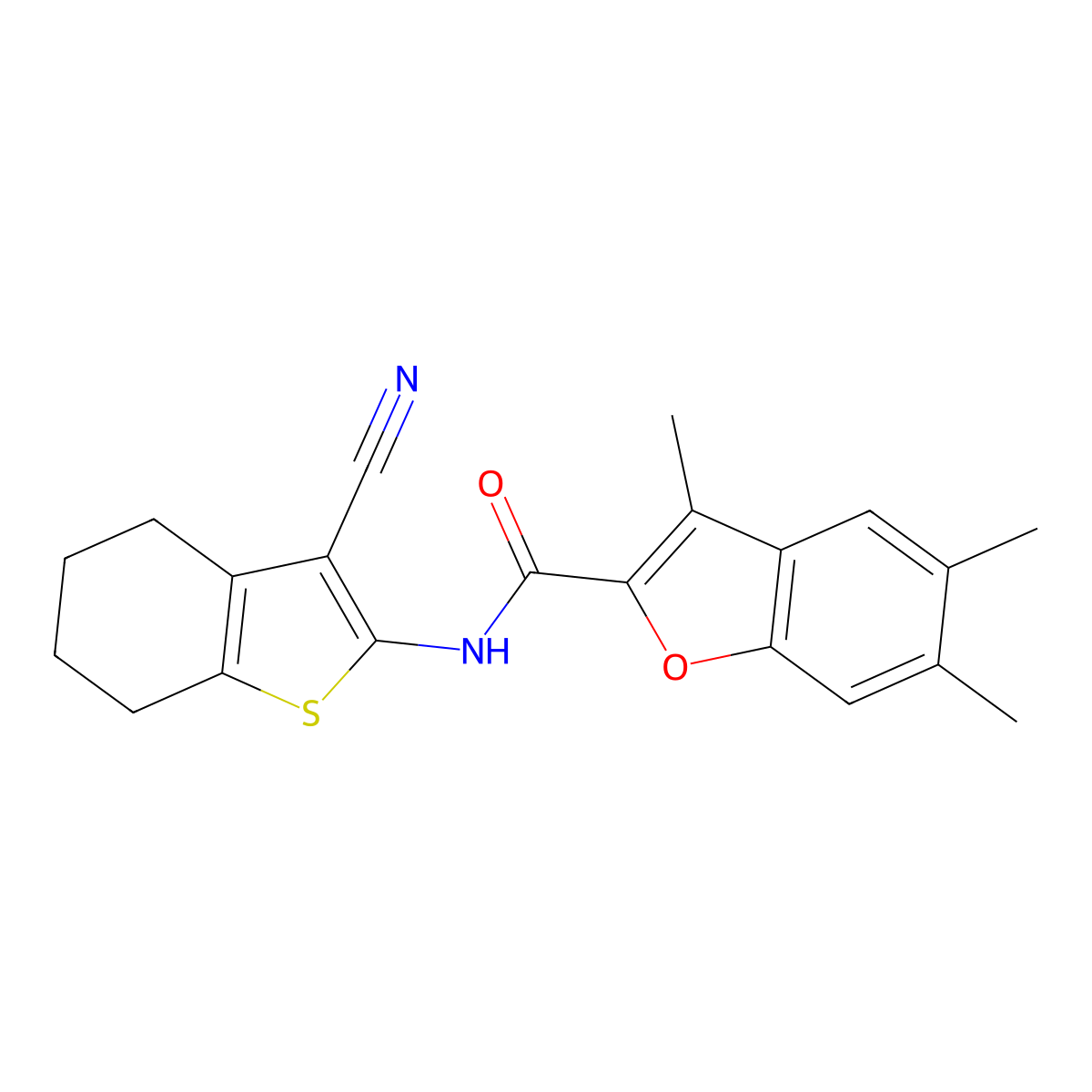 N-(3-cyano-4,5,6,7-tetrahydro-1-benzothiophen-2-yl)-3,5,6-trimethyl-1-benzofuran-2-carboxamide molecular structure, CAS 622349-52-4