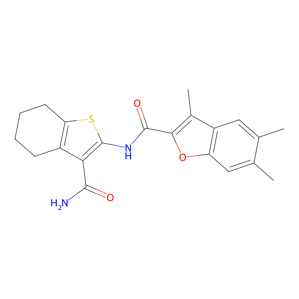 N-(3-carbamoyl-4,5,6,7-tetrahydro-1-benzothiophen-2-yl)-3,5,6-trimethyl-1-benzofuran-2-carboxamide molecular structure, CAS 622349-53-5