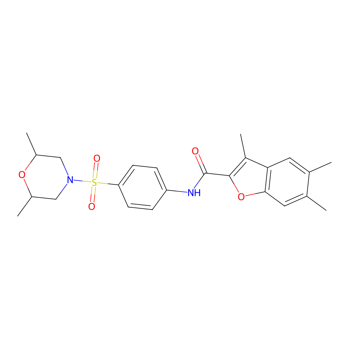 N-{4-[(2,6-dimethylmorpholin-4-yl)sulfonyl]phenyl}-3,5,6-trimethyl-1-benzofuran-2-carboxamide molecular structure, CAS 622349-70-6