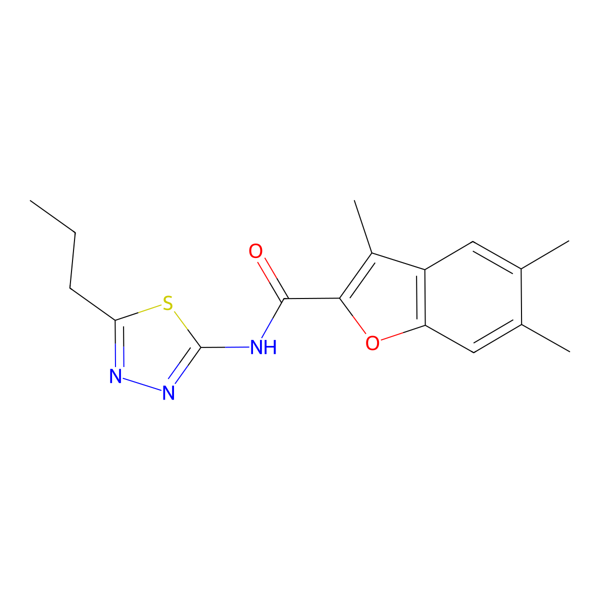 3,5,6-trimethyl-N-(5-propyl-1,3,4-thiadiazol-2-yl)-1-benzofuran-2-carboxamide molecular structure, CAS 622349-90-0