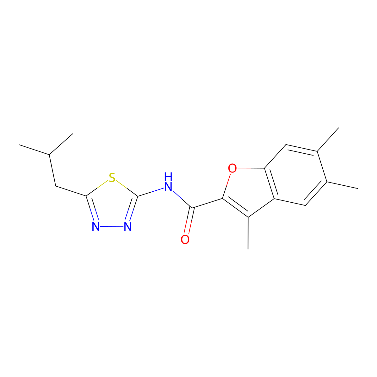 3,5,6-trimethyl-N-[5-(2-methylpropyl)-1,3,4-thiadiazol-2-yl]-1-benzofuran-2-carboxamide molecular structure, CAS 622349-92-2