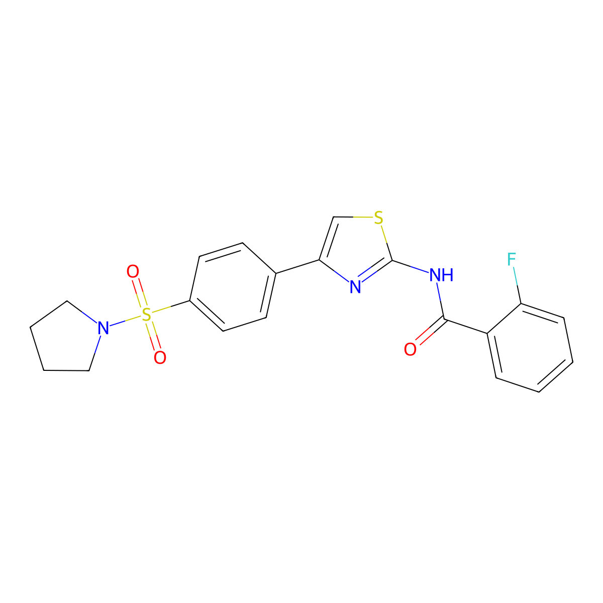 2-fluoro-N-{4-[4-(pyrrolidin-1-ylsulfonyl)phenyl]-1,3-thiazol-2-yl}benzamide molecular structure, CAS 622353-37-1