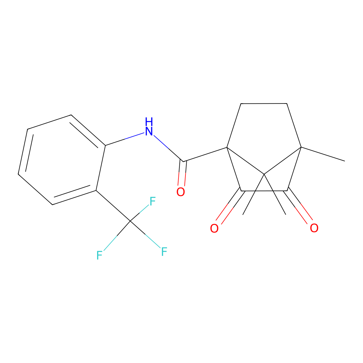 4,7,7-trimethyl-2,3-dioxo-N-(2-(trifluoromethyl)phenyl)bicyclo[2.2.1]heptane-1-carboxamide molecular structure, CAS 622355-89-9