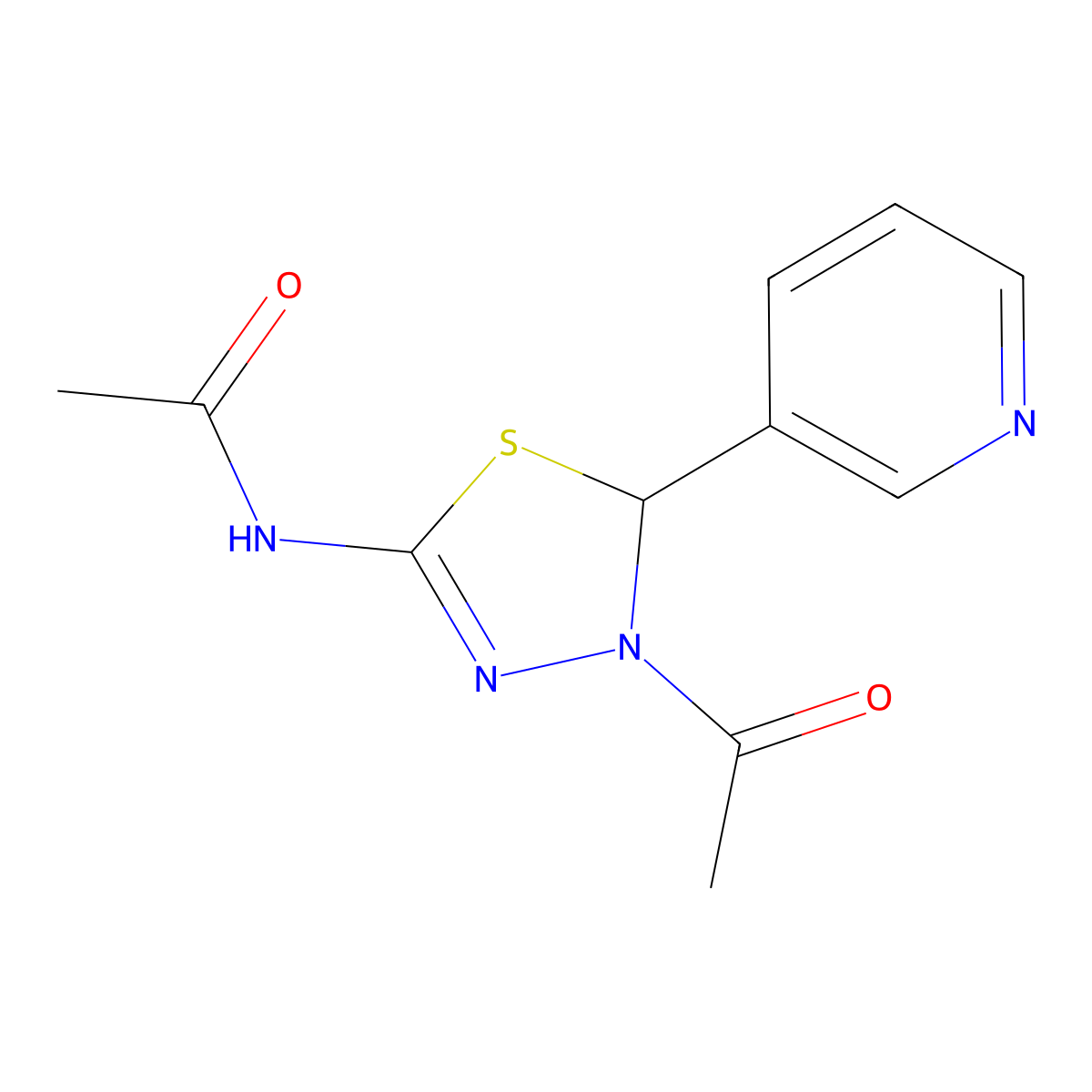 N-(4-Acetyl-5-(pyridin-3-yl)-4,5-dihydro-1,3,4-thiadiazol-2-yl)acetamide molecular structure, CAS 62236-03-7