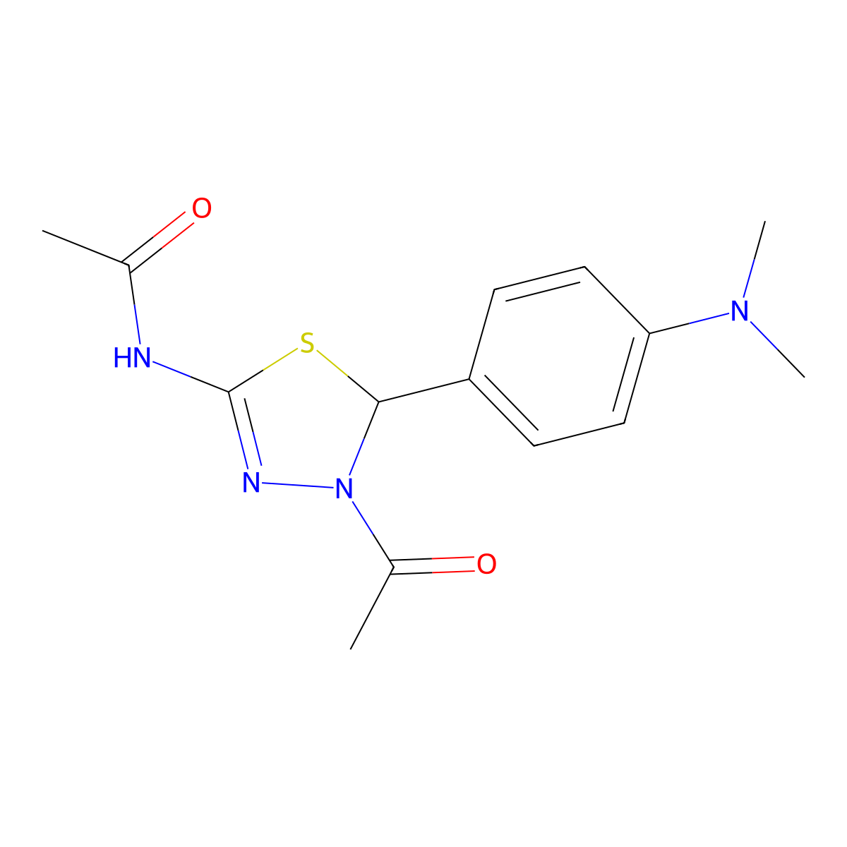 N-{4-acetyl-5-[4-(dimethylamino)phenyl]-4,5-dihydro-1,3,4-thiadiazol-2-yl}acetamide molecular structure, CAS 62236-08-2