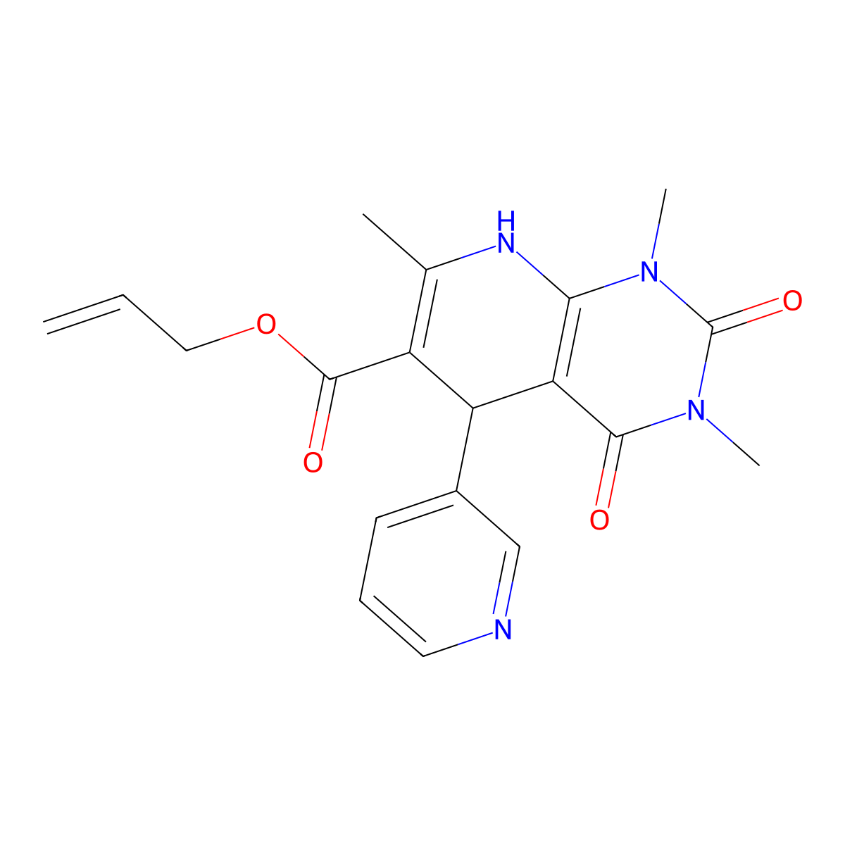 Allyl 1,3,7-trimethyl-2,4-dioxo-5-(pyridin-3-yl)-1,2,3,4,5,8-hexahydropyrido[2,3-d]pyrimidine-6-carboxylate molecular structure, CAS 622362-37-2