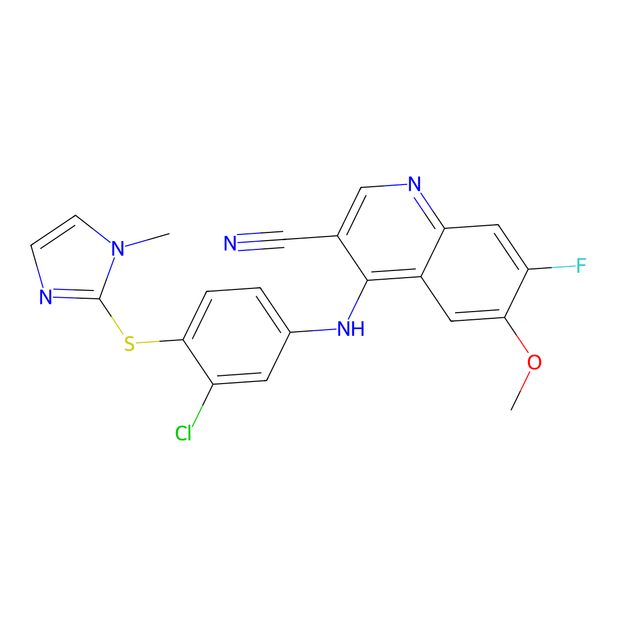 4-[3-chloro-4-(1-methyl-1H-imidazole-2-ylsulfanyl)phenylamino]-7-fluoro-6-methoxyquinoline-3-carbonitrile molecular structure, CAS 622369-57-7