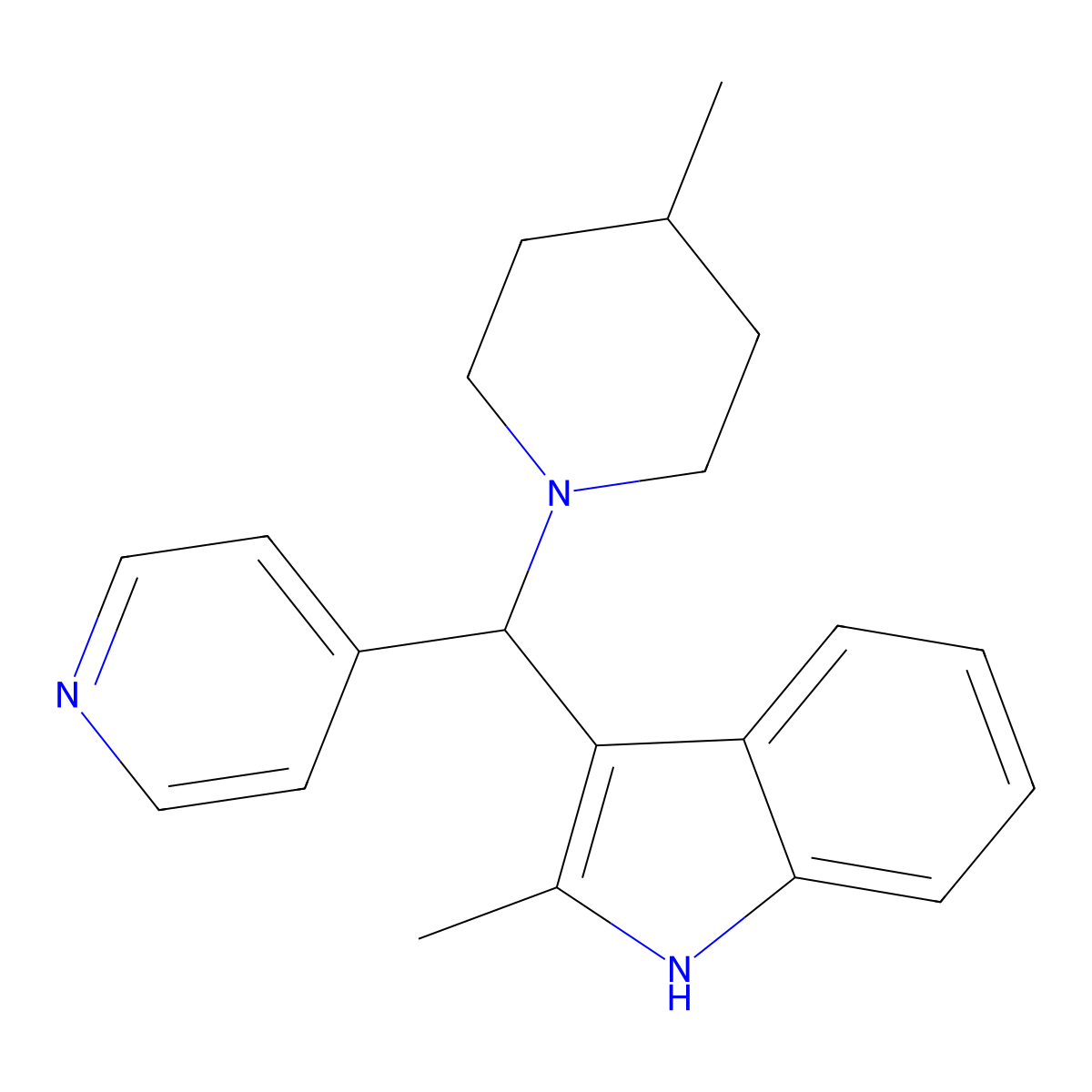 2-methyl-3-[(4-methylpiperidin-1-yl)-pyridin-4-ylmethyl]-1H-indole molecular structure, CAS 622796-26-3