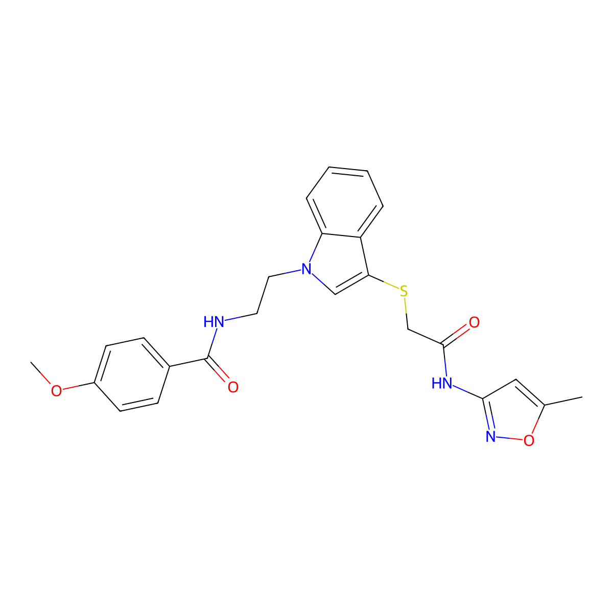 4-methoxy-N-[2-[3-[2-[(5-methyl-1,2-oxazol-3-yl)amino]-2-oxoethyl]sulfanylindol-1-yl]ethyl]benzamide molecular structure, CAS 6228-97-3