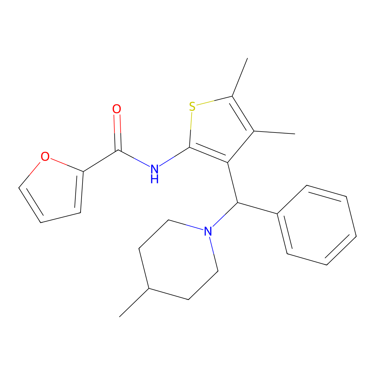 N-{4,5-dimethyl-3-[(4-methylpiperidin-1-yl)(phenyl)methyl]thiophen-2-yl}furan-2-carboxamide molecular structure, CAS 622800-13-9