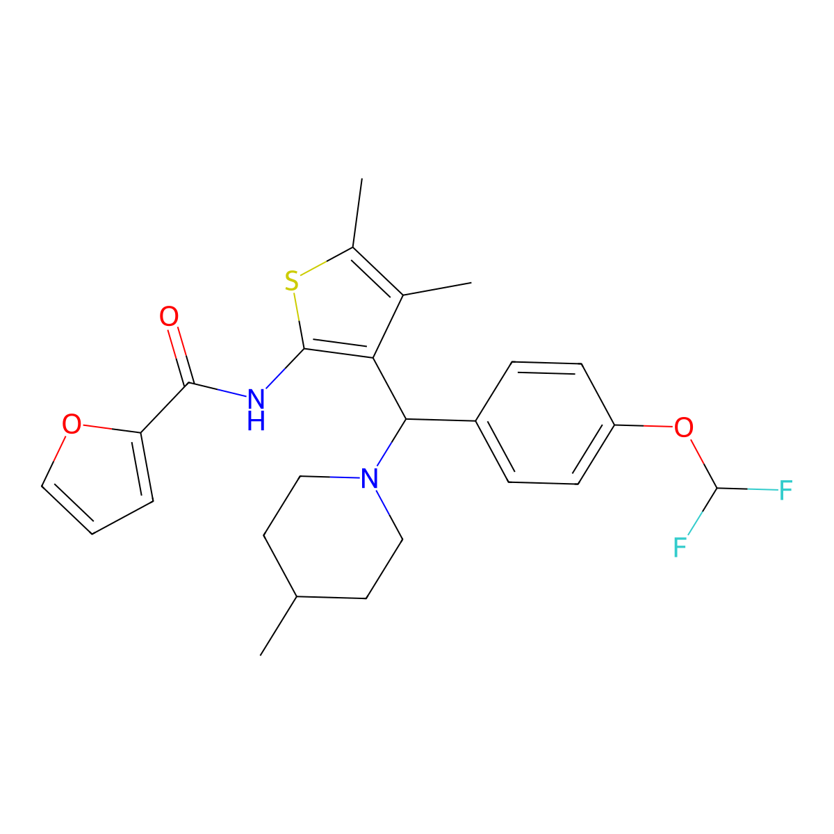 N-(3-{[4-(difluoromethoxy)phenyl](4-methylpiperidin-1-yl)methyl}-4,5-dimethylthiophen-2-yl)furan-2-carboxamide molecular structure, CAS 622801-63-2