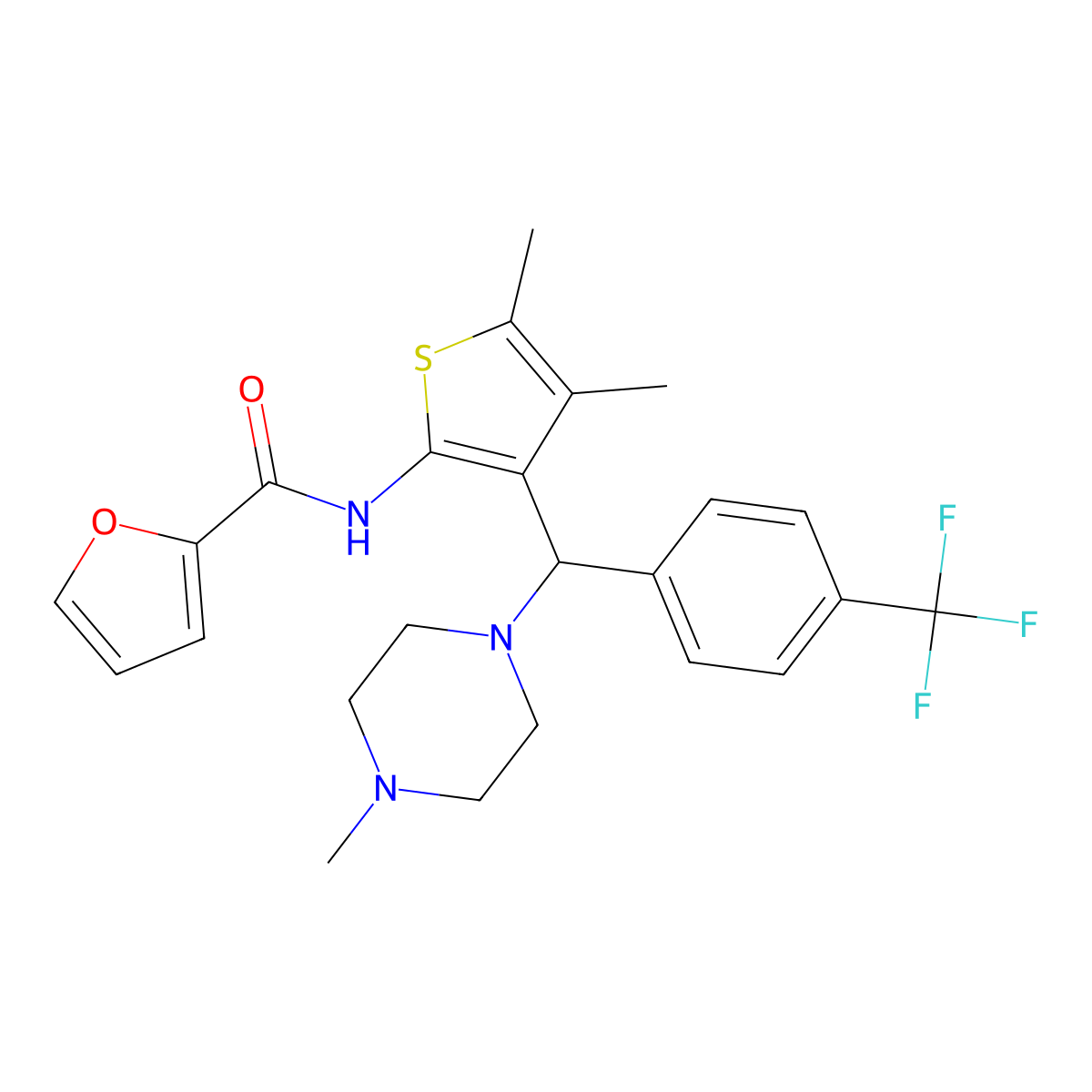N-{4,5-Dimethyl-3-[(4-methylpiperazin-1-YL)[4-(trifluoromethyl)phenyl]methyl]thiophen-2-YL}furan-2-carboxamide molecular structure, CAS 622803-42-3
