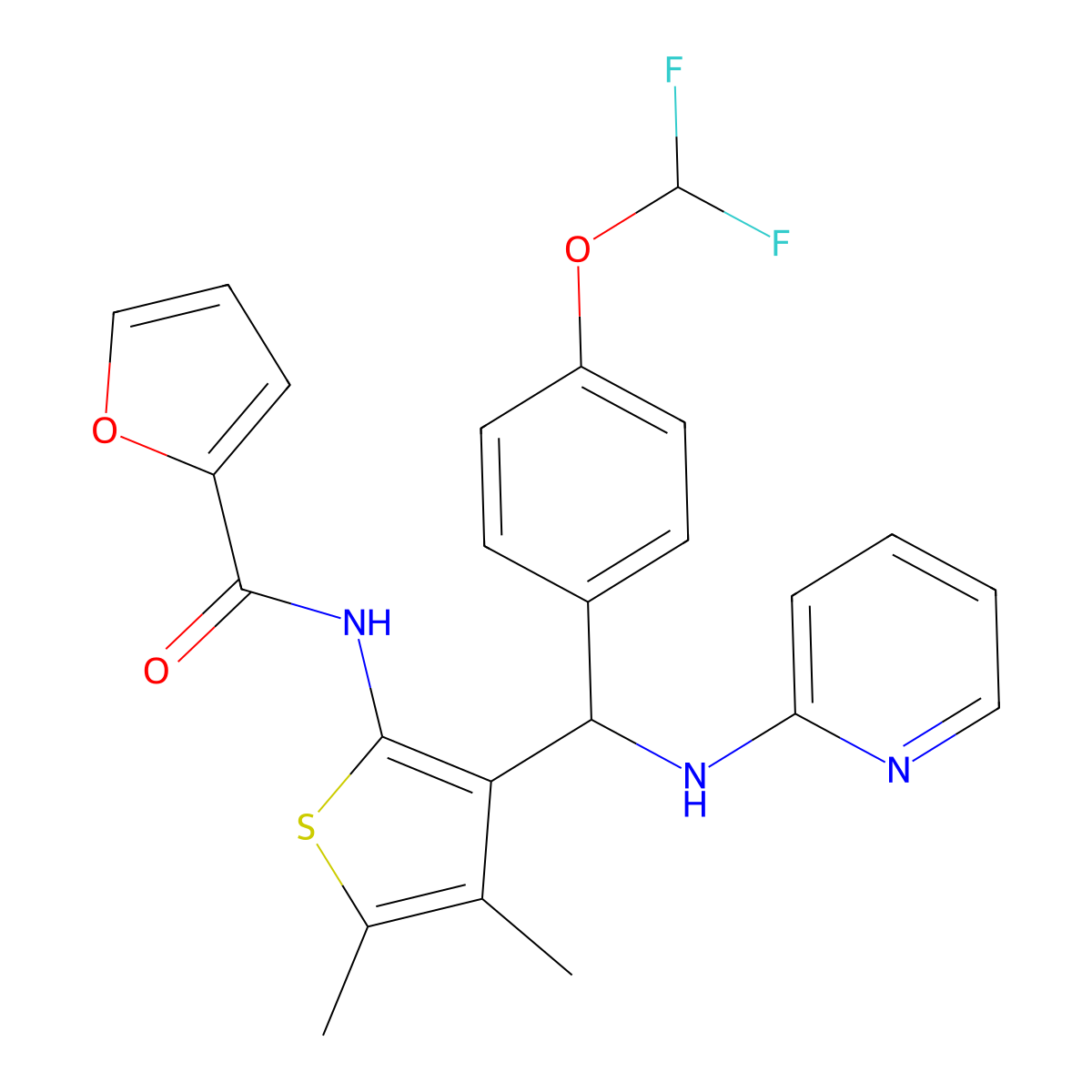 N-(3-{[4-(difluoromethoxy)phenyl][(pyridin-2-yl)amino]methyl}-4,5-dimethylthiophen-2-yl)furan-2-carboxamide molecular structure, CAS 622803-77-4