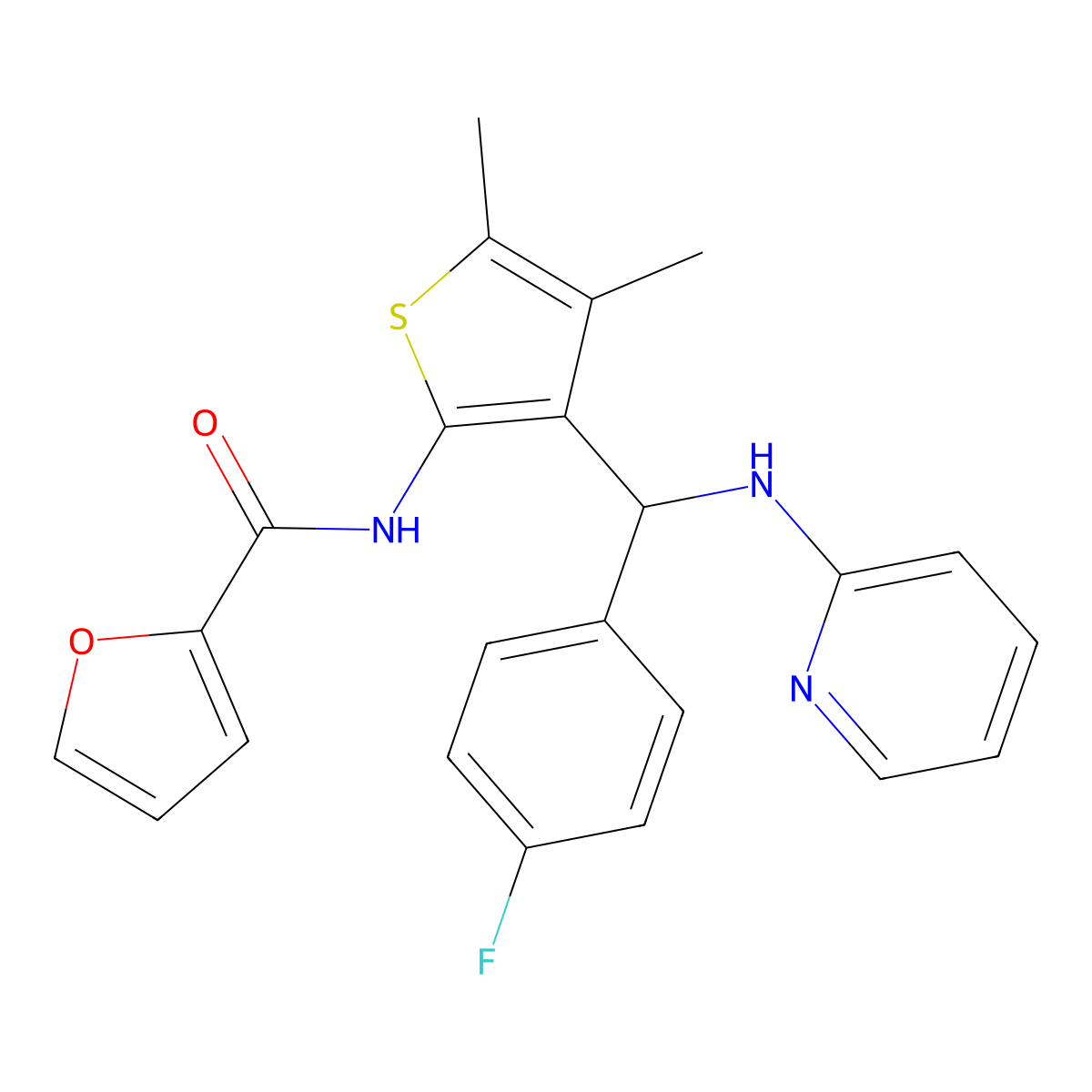 N-(3-((4-fluorophenyl)(pyridin-2-ylamino)methyl)-4,5-dimethylthiophen-2-yl)furan-2-carboxamide molecular structure, CAS 622803-91-2