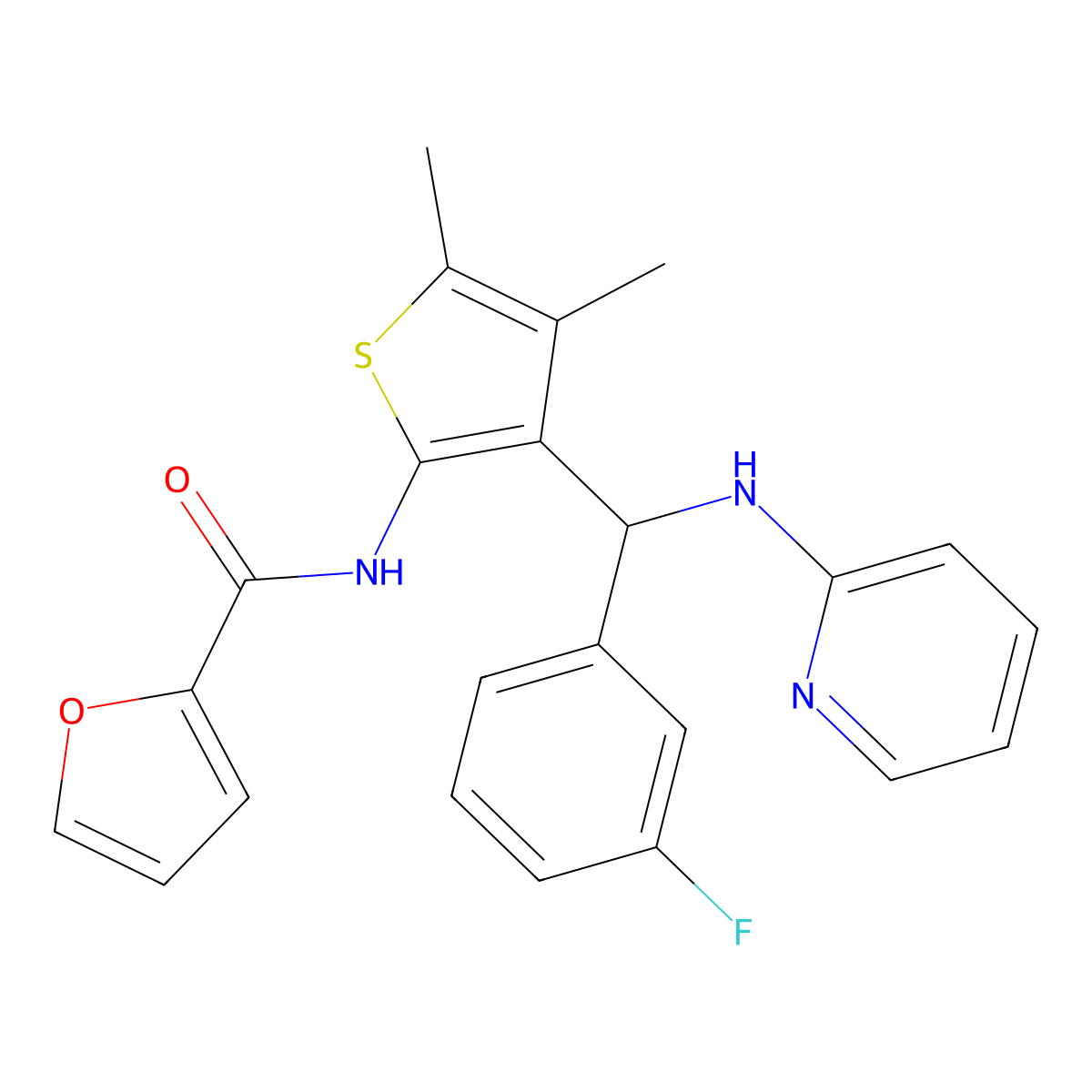 N-(3-((3-fluorophenyl)(pyridin-2-ylamino)methyl)-4,5-dimethylthiophen-2-yl)furan-2-carboxamide molecular structure, CAS 622804-12-0