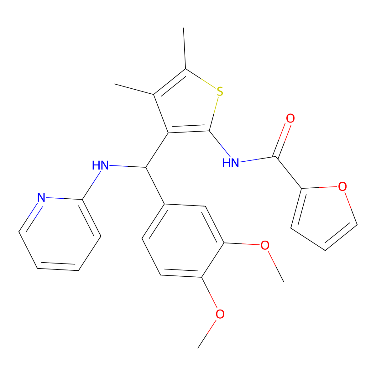 N-(3-((3,4-dimethoxyphenyl)(pyridin-2-ylamino)methyl)-4,5-dimethylthiophen-2-yl)furan-2-carboxamide molecular structure, CAS 622804-61-9