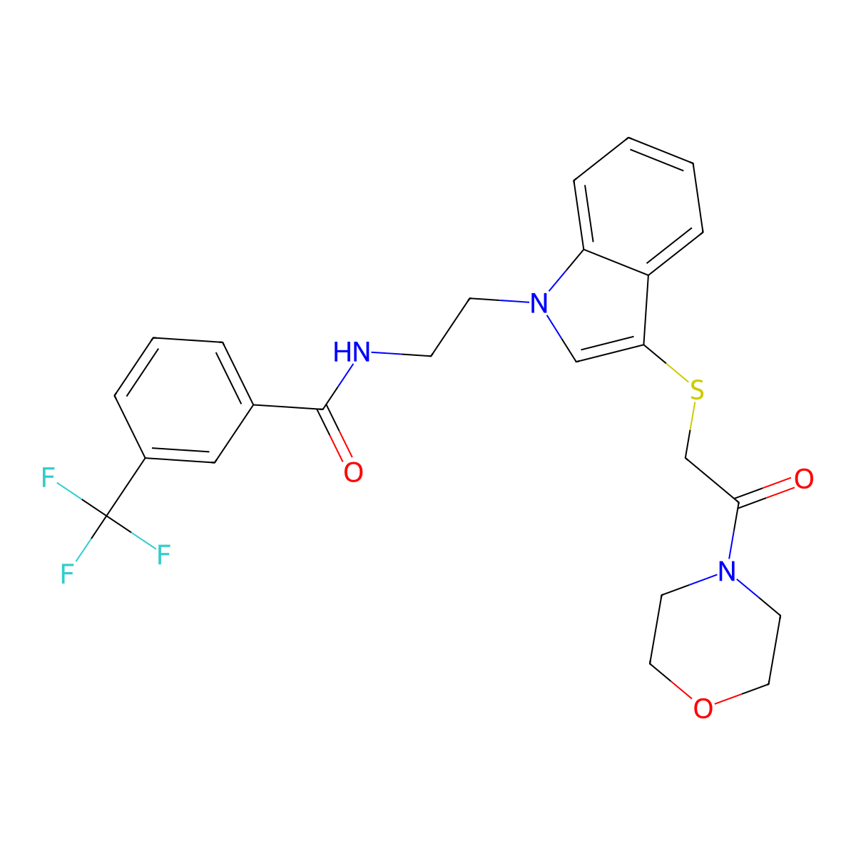 N-[2-[3-(2-morpholin-4-yl-2-oxo-ethyl)sulfanylindol-1-yl]ethyl]-3-(trifluoromethyl)benzamide molecular structure, CAS 6229-25-0