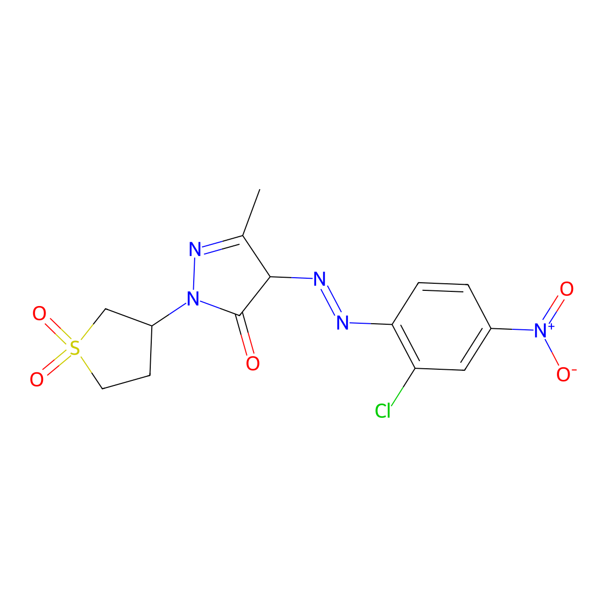 3H-Pyrazol-3-one, 4-[2-(2-chloro-4-nitrophenyl)diazenyl]-2,4-dihydro-5-methyl-2-(tetrahydro-1,1-dioxido-3-thienyl)- molecular structure, CAS 62308-14-9