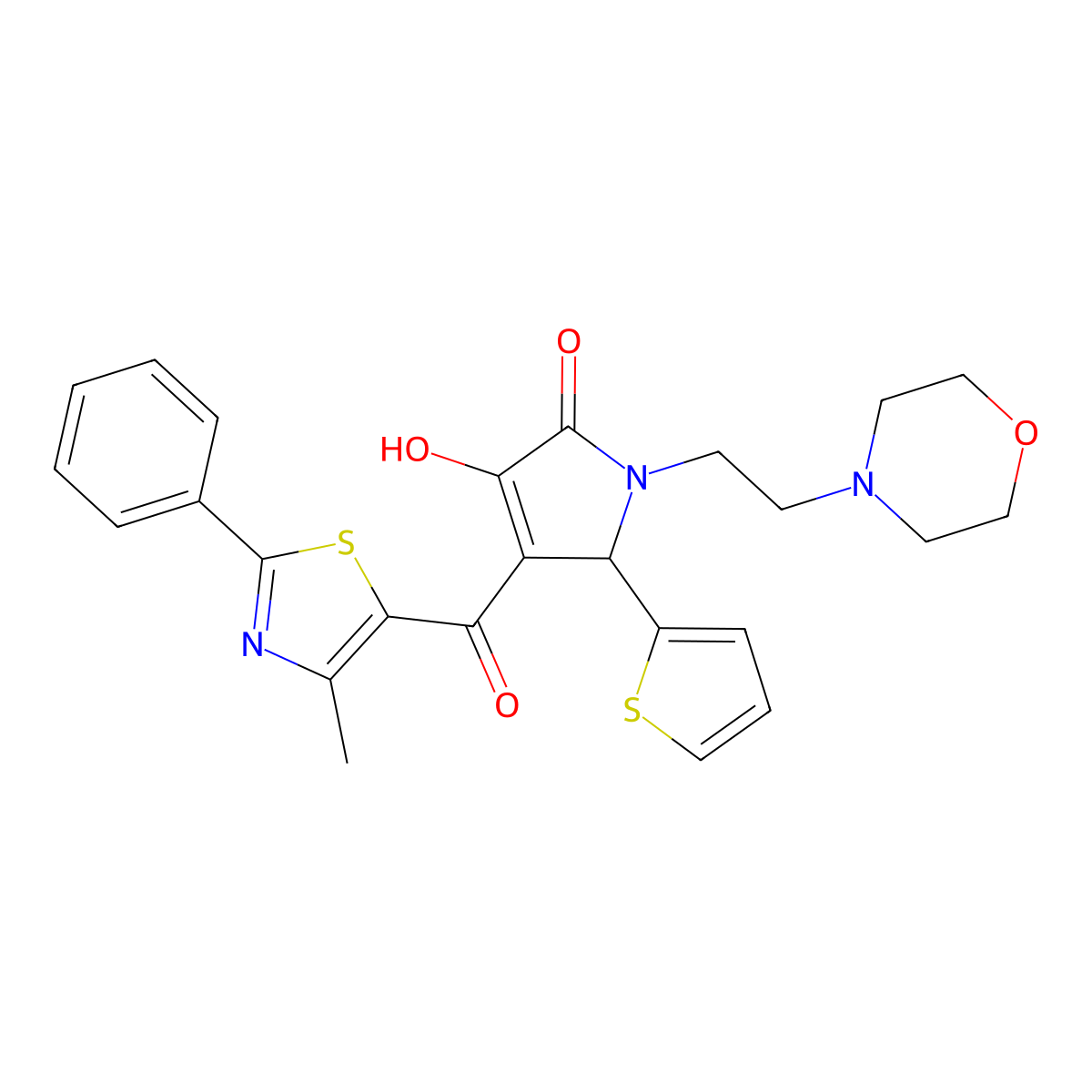 3-hydroxy-4-[(4-methyl-2-phenyl-1,3-thiazol-5-yl)carbonyl]-1-[2-(4-morpholinyl)ethyl]-5-(2-thienyl)-1,5-dihydro-2H-pyrrol-2-one molecular structure, CAS 623125-19-9