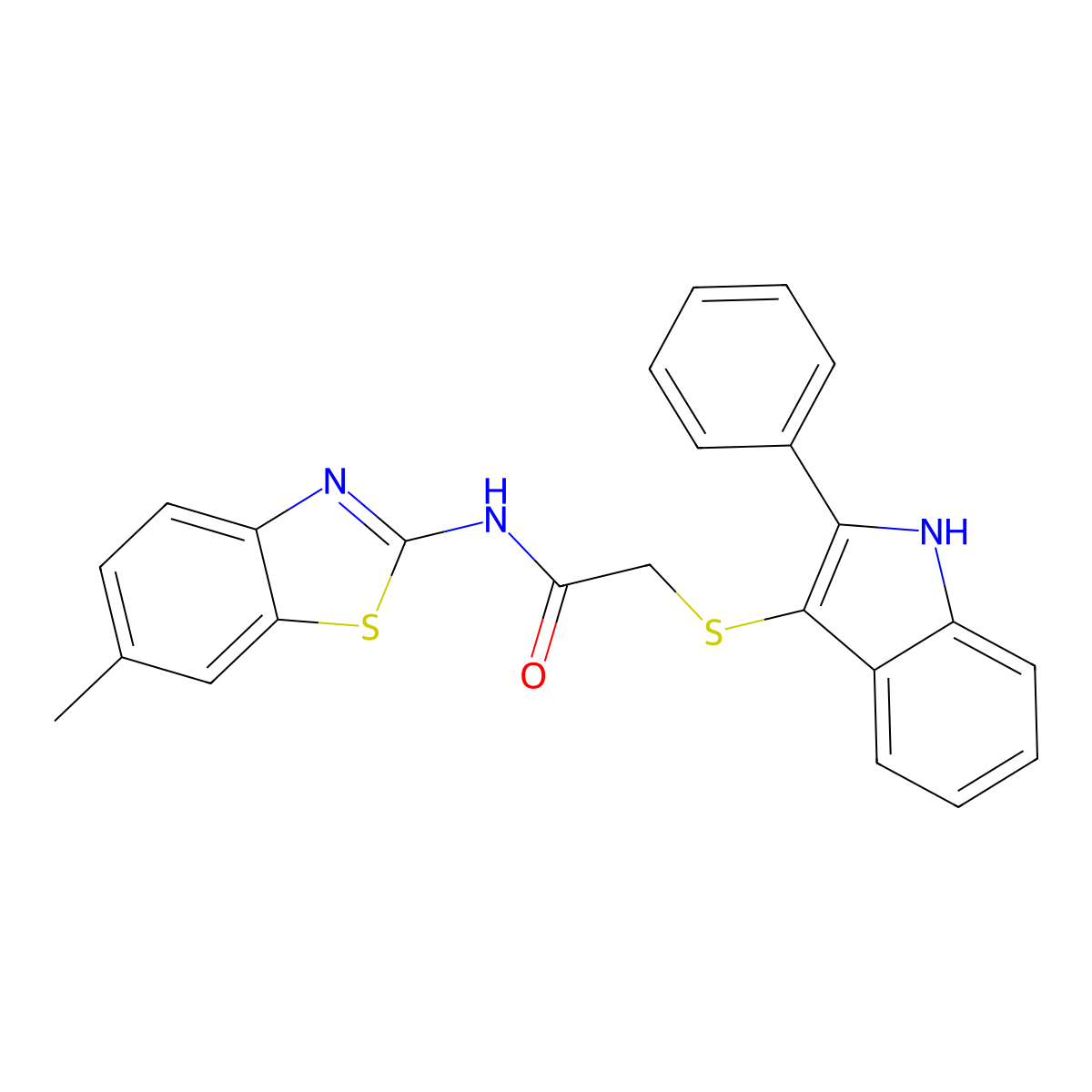 N-(6-methyl-1,3-benzothiazol-2-yl)-2-[(2-phenyl-1H-indol-3-yl)sulfanyl]acetamide molecular structure, CAS 6235-84-3