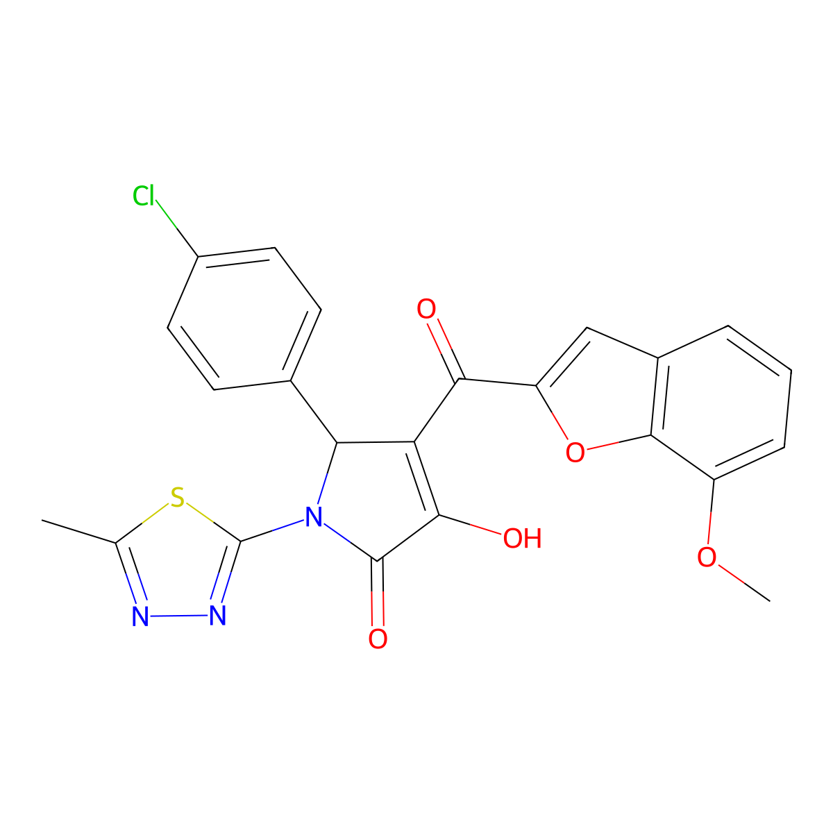 5-(4-chlorophenyl)-3-hydroxy-4-(7-methoxy-1-benzofuran-2-carbonyl)-1-(5-methyl-1,3,4-thiadiazol-2-yl)-2,5-dihydro-1H-pyrrol-2-one molecular structure, CAS 623535-73-9