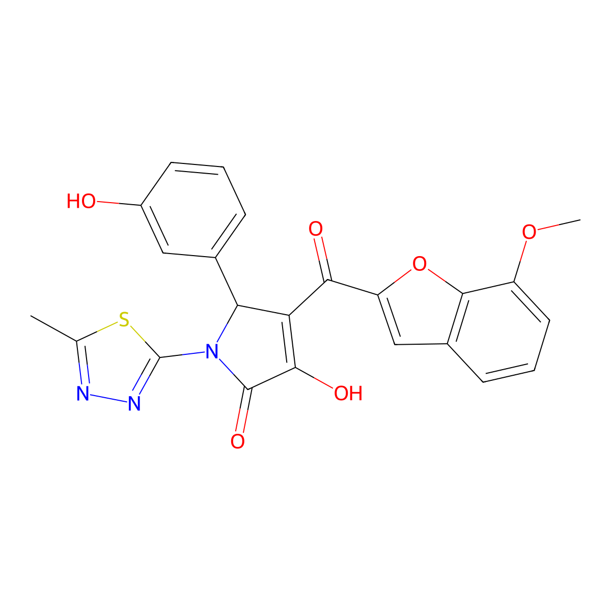 3-hydroxy-5-(3-hydroxyphenyl)-4-[(7-methoxy-1-benzofuran-2-yl)carbonyl]-1-(5-methyl-1,3,4-thiadiazol-2-yl)-1,5-dihydro-2H-pyrrol-2-one molecular structure, CAS 623536-41-4