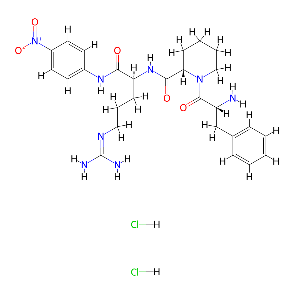 (S)-1-(D-Phenylalanyl)-N-((S)-5-guanidino-1-((4-nitrophenyl)amino)-1-oxopentan-2-yl)piperidine-2-carboxamide dihydrochloride molecular structure, CAS 62354-65-8