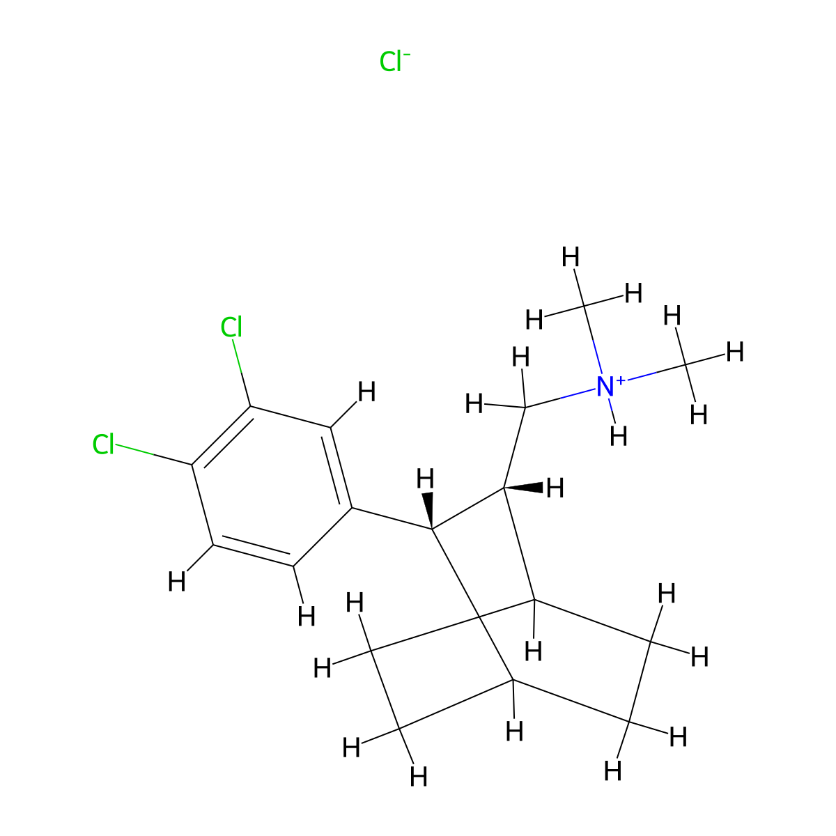 Bicyclo(2.2.2)octane-2-methanamine, 3-(3,4-dichlorophenyl)-N,N-dimethyl-, hydrochloride (1:1), (2R,3S)-rel- molecular structure, CAS 62373-97-1