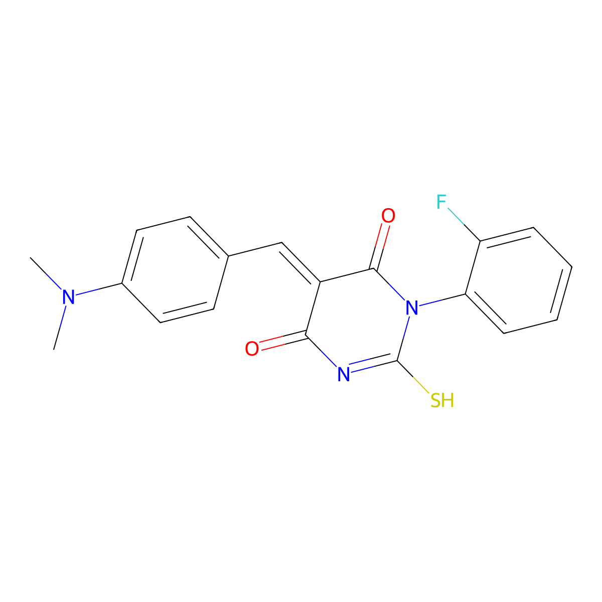 5-[[4-(Dimethylamino)phenyl]methylidene]-1-(2-fluorophenyl)-2-sulfanylidene-1,3-diazinane-4,6-dione molecular structure, CAS 6238-05-7