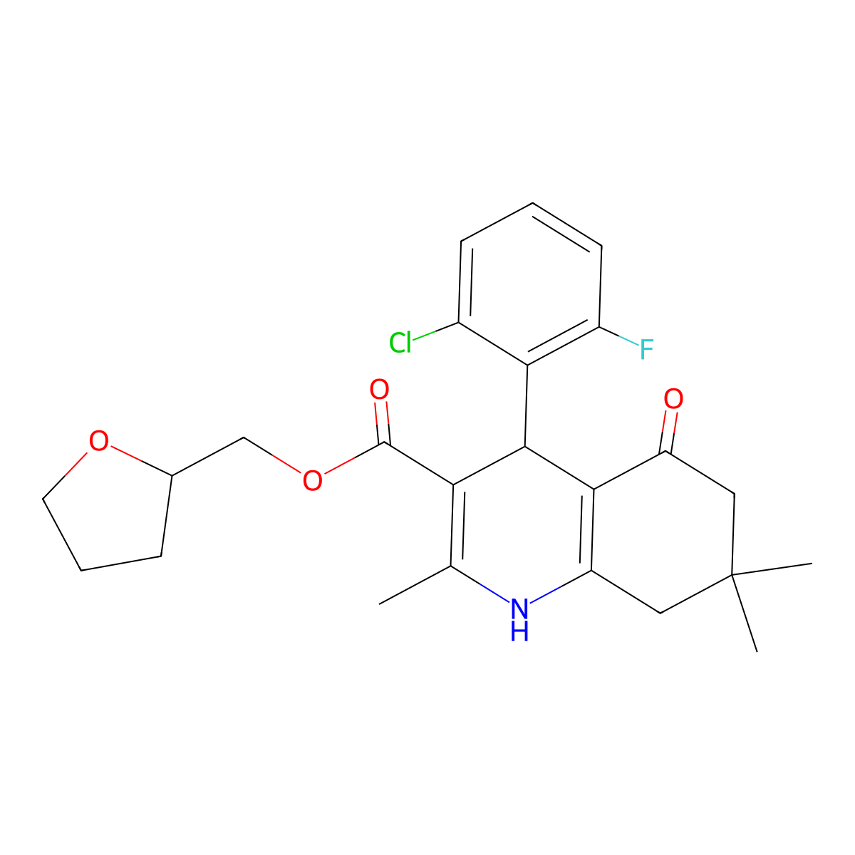 Tetrahydrofuran-2-ylmethyl 4-(2-chloro-6-fluorophenyl)-2,7,7-trimethyl-5-oxo-1,4,5,6,7,8-hexahydroquinoline-3-carboxylate molecular structure, CAS 6238-38-6