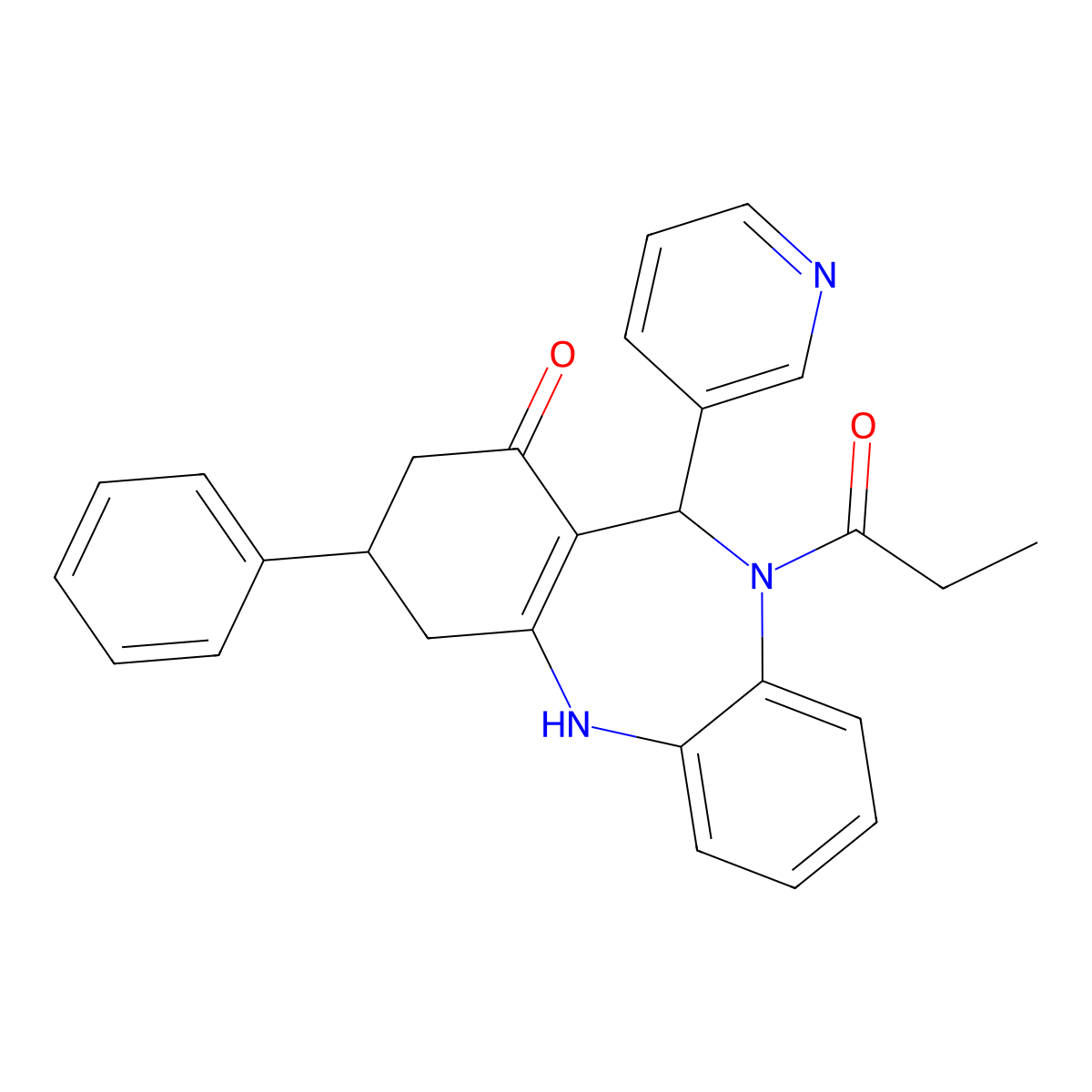 3-phenyl-10-propanoyl-11-(pyridin-3-yl)-2,3,4,5,10,11-hexahydro-1H-dibenzo[b,e][1,4]diazepin-1-one molecular structure, CAS 6239-43-6
