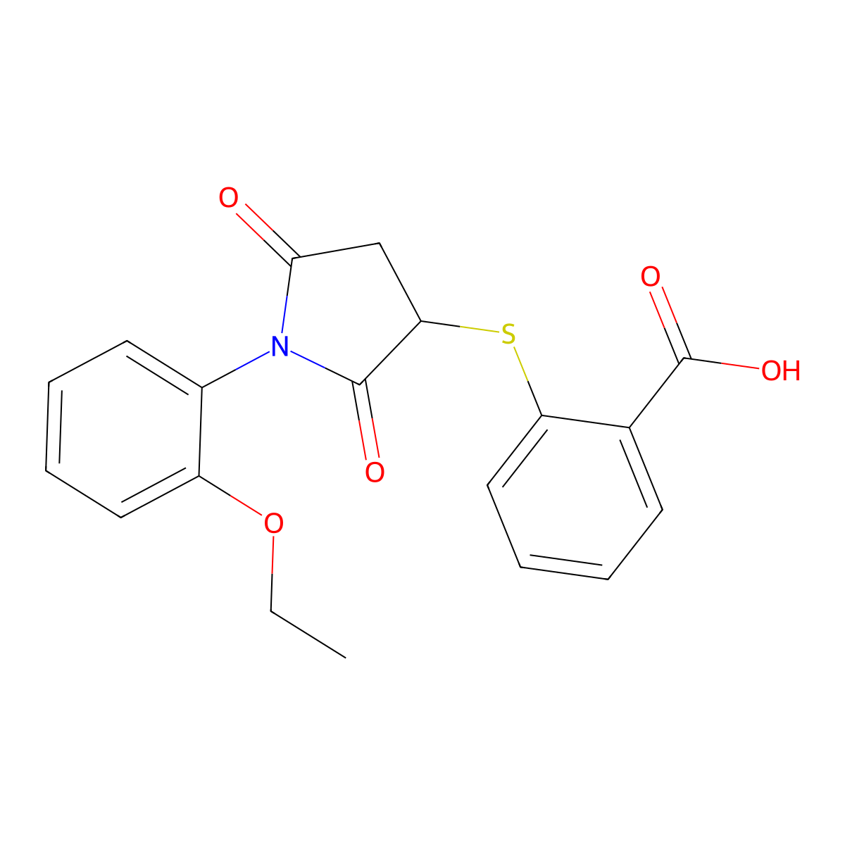 2-[1-(2-Ethoxy-phenyl)-2,5-dioxo-pyrrolidin-3-ylsulfanyl]-benzoic acid molecular structure, CAS 6239-75-4