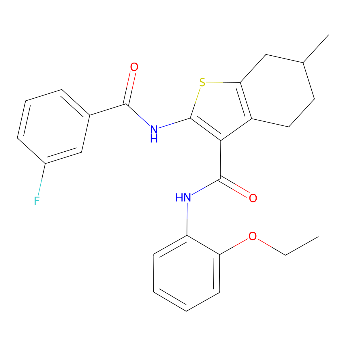 N-(2-Ethoxyphenyl)-2-(3-fluorobenzamido)-6-methyl-4,5,6,7-tetrahydro-1-benzothiophene-3-carboxamide molecular structure, CAS 6239-80-1