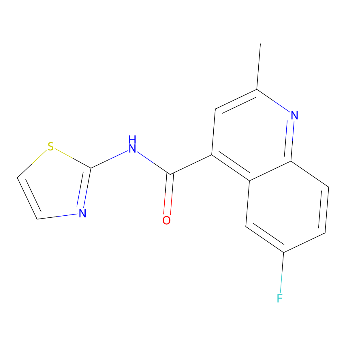6-fluoro-2-methyl-N-(1,3-thiazol-2-yl)quinoline-4-carboxamide molecular structure, CAS 623908-05-4