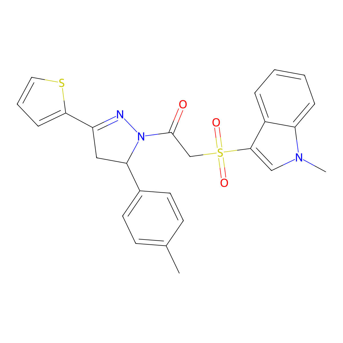 2-(1-Methylindol-3-yl)sulfonyl-1-[3-(4-methylphenyl)-5-thiophen-2-yl-3,4-dihydropyrazol-2-yl]ethanone molecular structure, CAS 6240-44-4