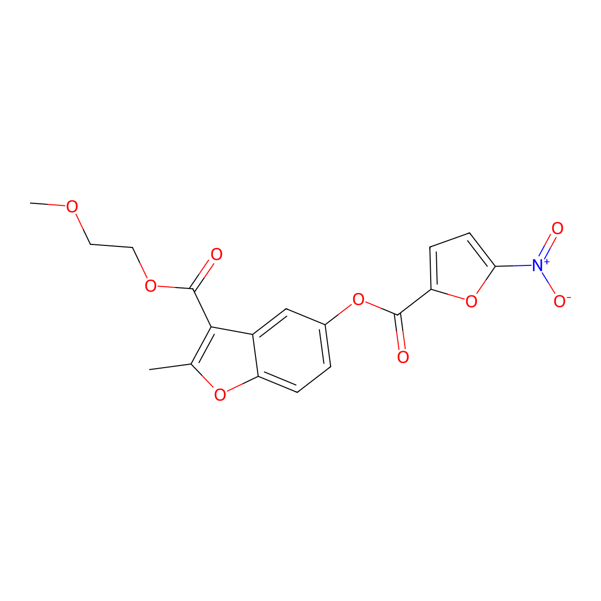 2-Methoxyethyl 2-methyl-5-((5-nitrofuran-2-carbonyl)oxy)benzofuran-3-carboxylate molecular structure, CAS 6241-25-4