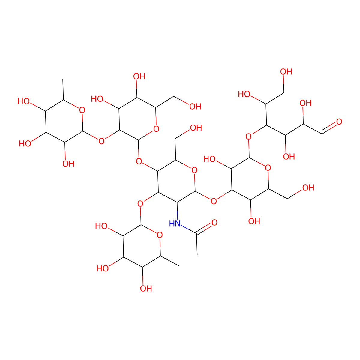 alpha-FUC-[1->2]-beta-GAL-[1->4][alpha-FUC-(1->3)]-beta-GLCNAC-[1->3]-beta-GAL-[1->4]-GLC molecular structure, CAS 62469-99-2