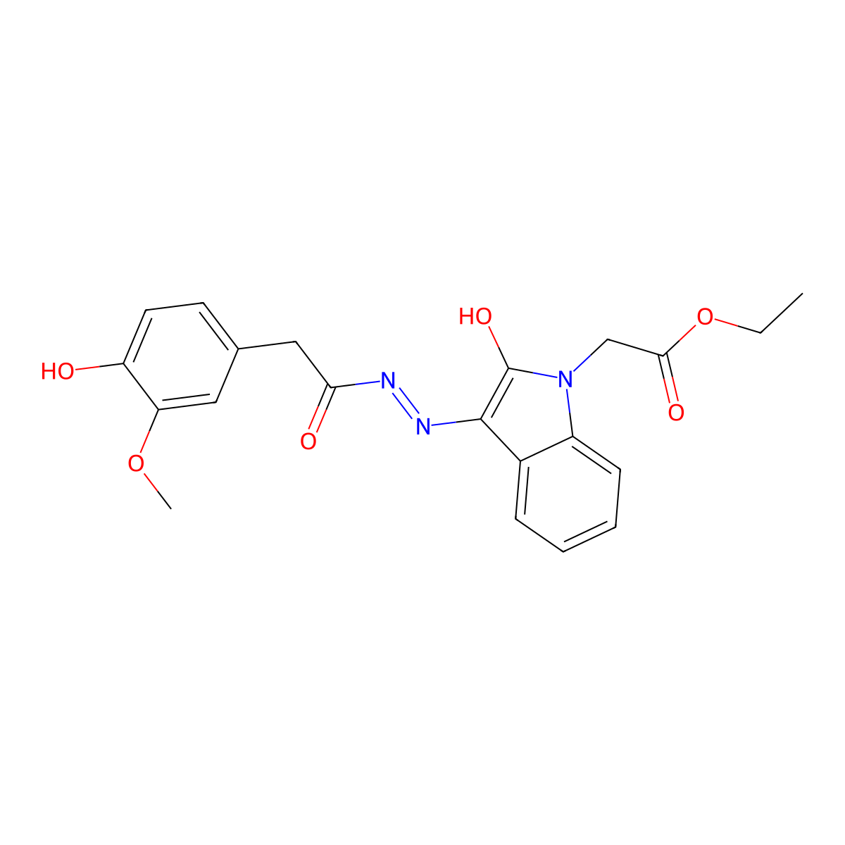 Ethyl ((3Z)-3-{[(4-hydroxy-3-methoxyphenyl)acetyl]hydrazono}-2-oxo-2,3-dihydro-1H-indol-1-YL)acetate molecular structure, CAS 624726-32-5