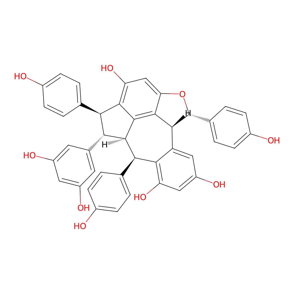 Benz[5,6]azuleno[7,8,1-cde]benzofuran-2,6,8-triol,4-(3,5-dihydroxyphenyl)-3,4,4a,5,9b,10-hexahydro-3,5,10-tris(4-hydroxyphenyl)-, (3R,4R,4aS,5S,9bS,10R)-rel-(+)- molecular structure, CAS 625096-18-6