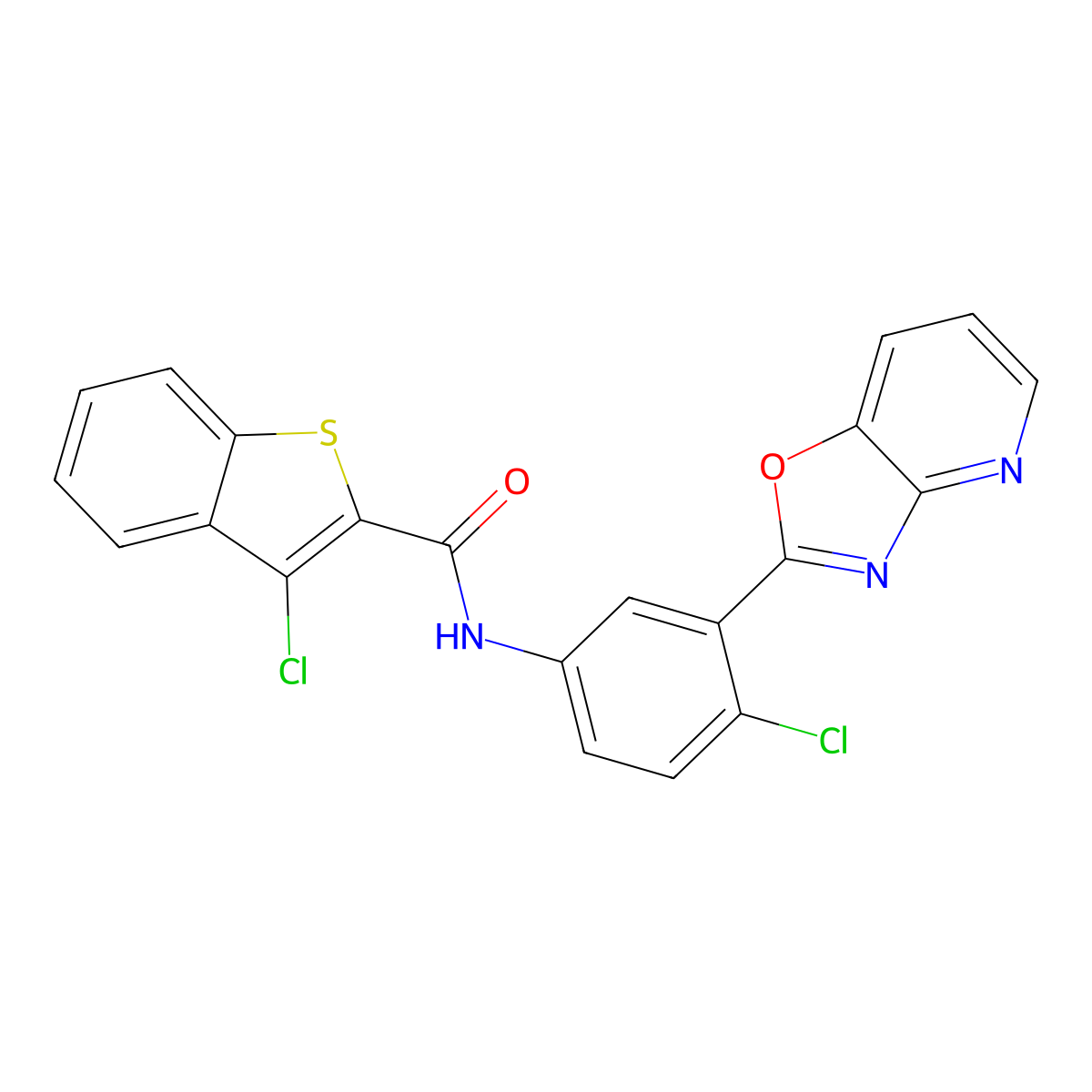 3-chloro-N-[4-chloro-3-([1,3]oxazolo[4,5-b]pyridin-2-yl)phenyl]-1-benzothiophene-2-carboxamide molecular structure, CAS 6252-21-7
