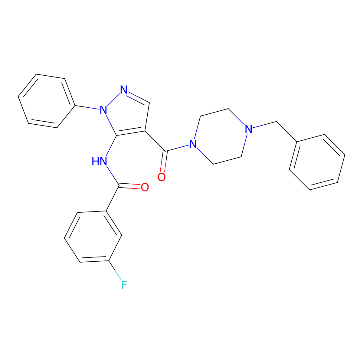 N-[4-(4-benzylpiperazine-1-carbonyl)-2-phenyl-pyrazol-3-yl]-3-fluoro-benzamide molecular structure, CAS 6253-21-0