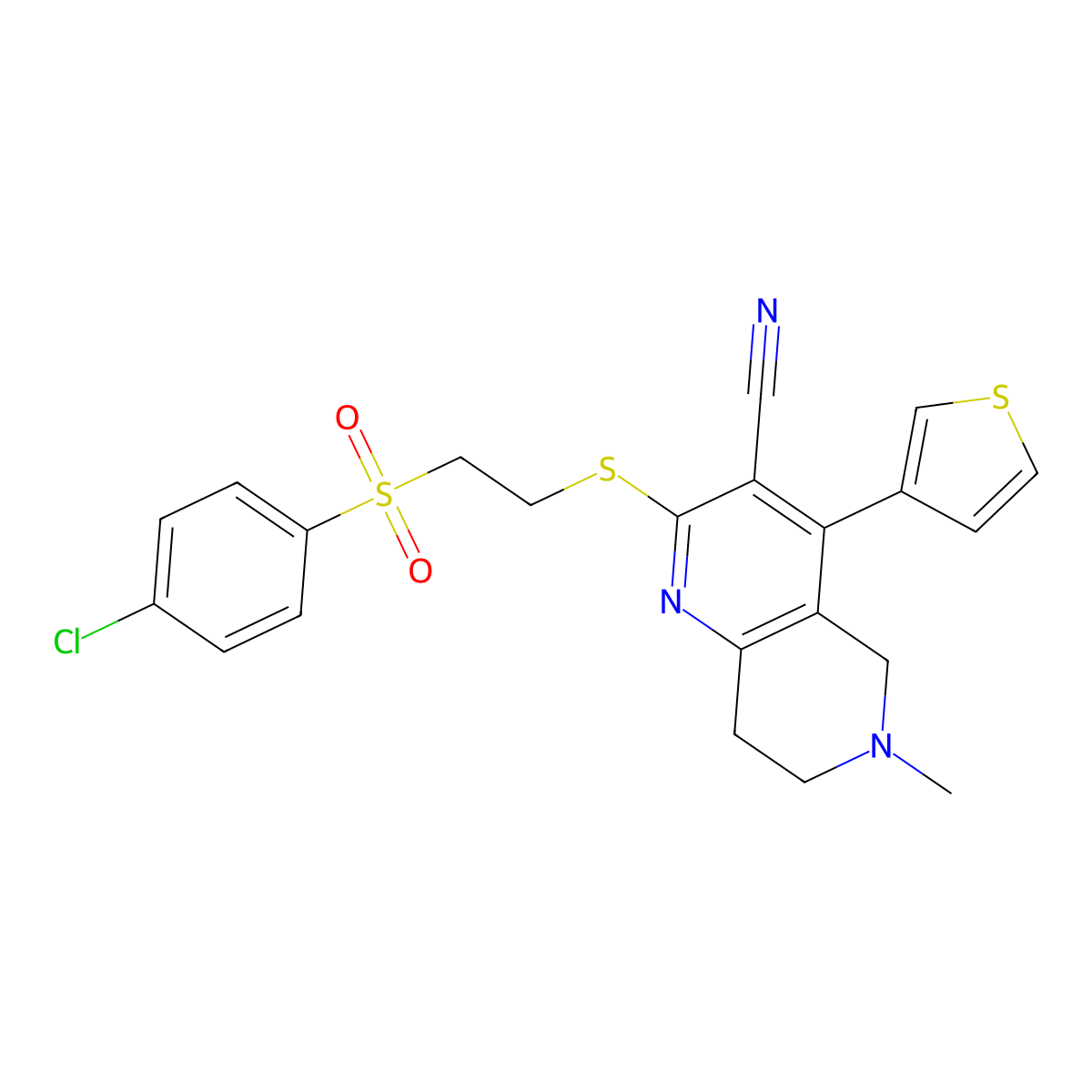 2-[2-(4-chlorophenyl)sulfonylethylsulfanyl]-6-methyl-4-thiophen-3-yl-7,8-dihydro-5H-1,6-naphthyridine-3-carbonitrile molecular structure, CAS 625368-12-9