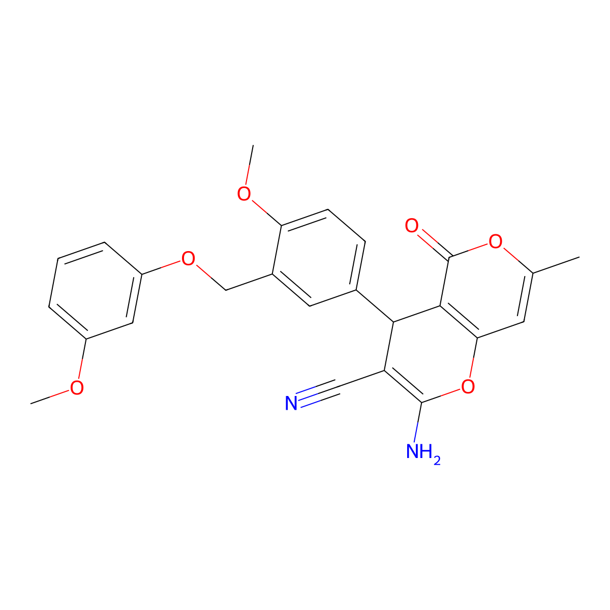 2-amino-4-{4-methoxy-3-[(3-methoxyphenoxy)methyl]phenyl}-7-methyl-5-oxo-4H,5H-pyrano[4,3-b]pyran-3-carbonitrile molecular structure, CAS 625368-51-6