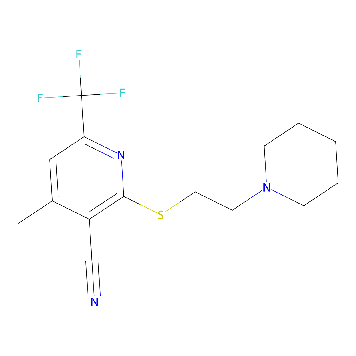 4-Methyl-2-(2-piperidin-1-yl-ethylsulfanyl)-6-trifluoromethyl-nicotinonitrile molecular structure, CAS 625369-02-0