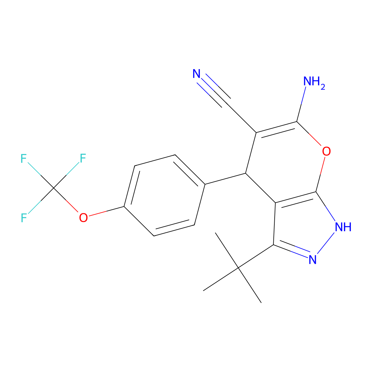 6-Amino-3-tert-butyl-4-[4-(trifluoromethoxy)phenyl]-2,4-dihydropyrano[2,3-c]pyrazole-5-carbonitrile molecular structure, CAS 625369-04-2