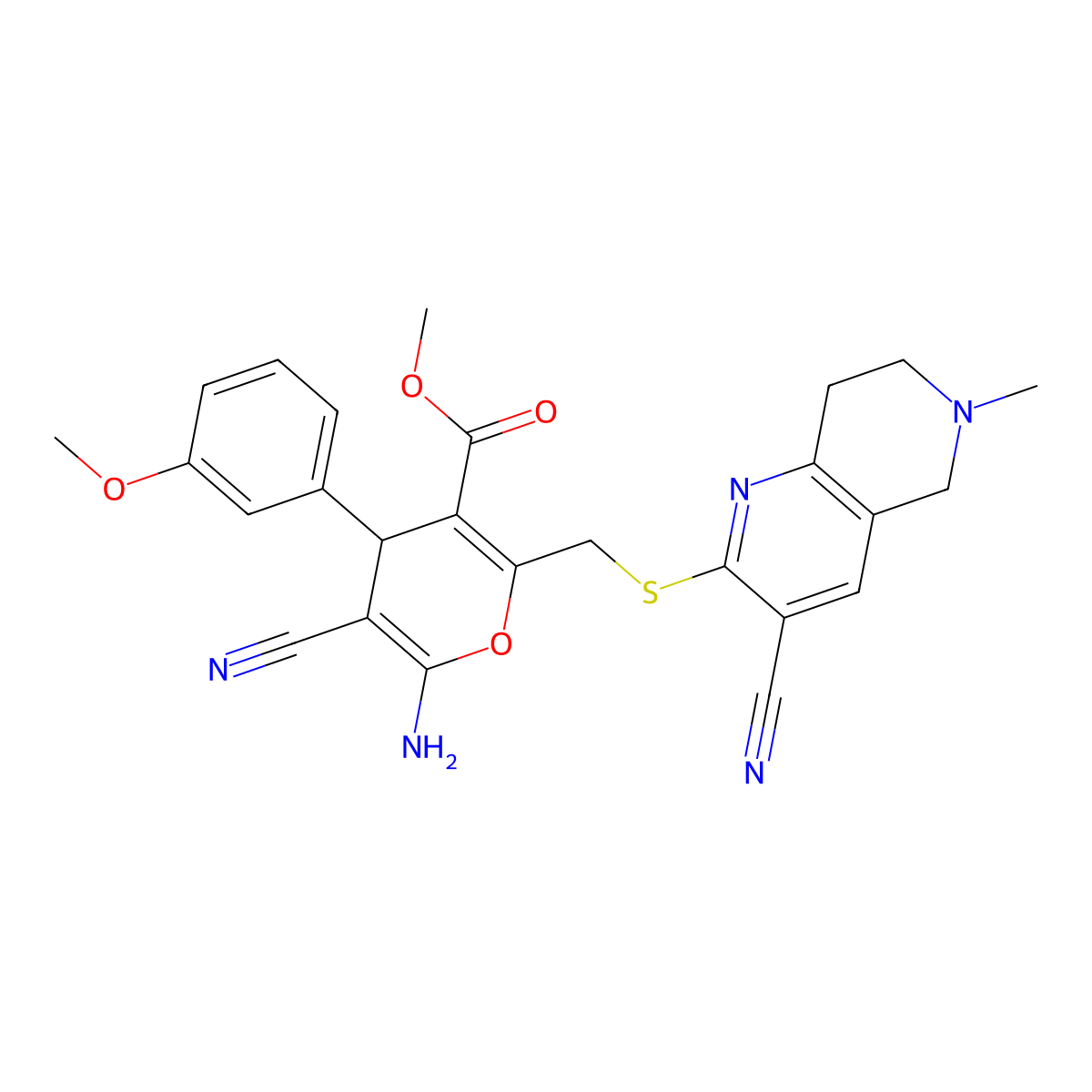 methyl 6-amino-5-cyano-2-{[(3-cyano-6-methyl-5,6,7,8-tetrahydro[1,6]naphthyridin-2-yl)sulfanyl]methyl}-4-(3-methoxyphenyl)-4H-pyran-3-carboxylate molecular structure, CAS 625369-17-7