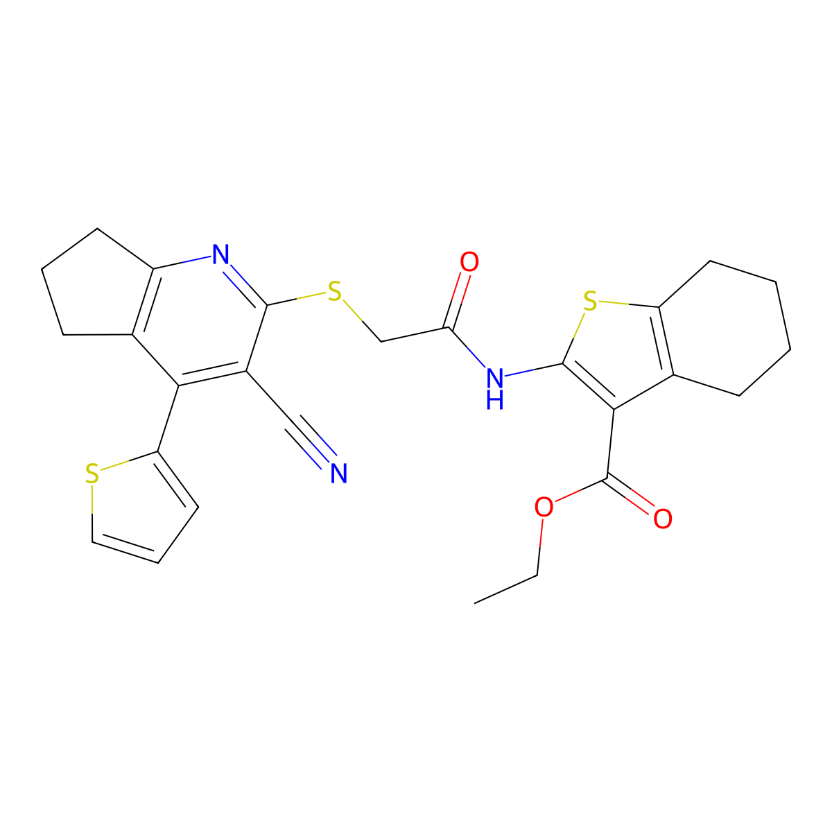 ethyl 2-[(2-{[3-cyano-4-(2-thienyl)-6,7-dihydro-5H-cyclopenta[b]pyridin-2-yl]sulfanyl}acetyl)amino]-4,5,6,7-tetrahydro-1-benzothiophene-3-carboxylate molecular structure, CAS 625369-18-8